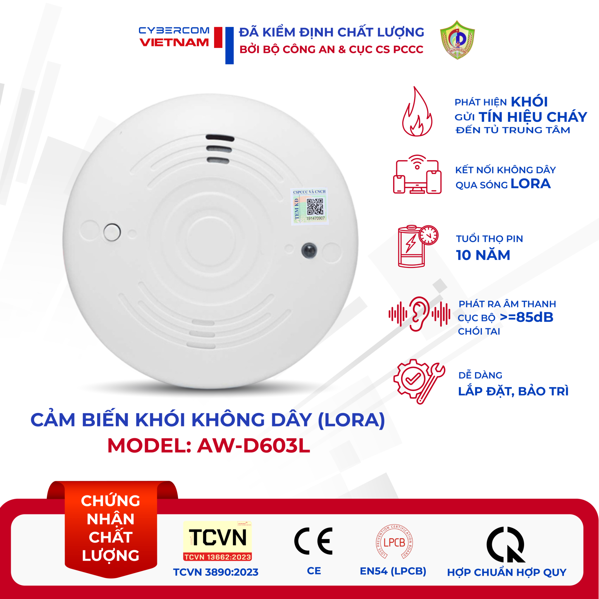 Đầu báo cháy khói không dây LoRa AW-D603L