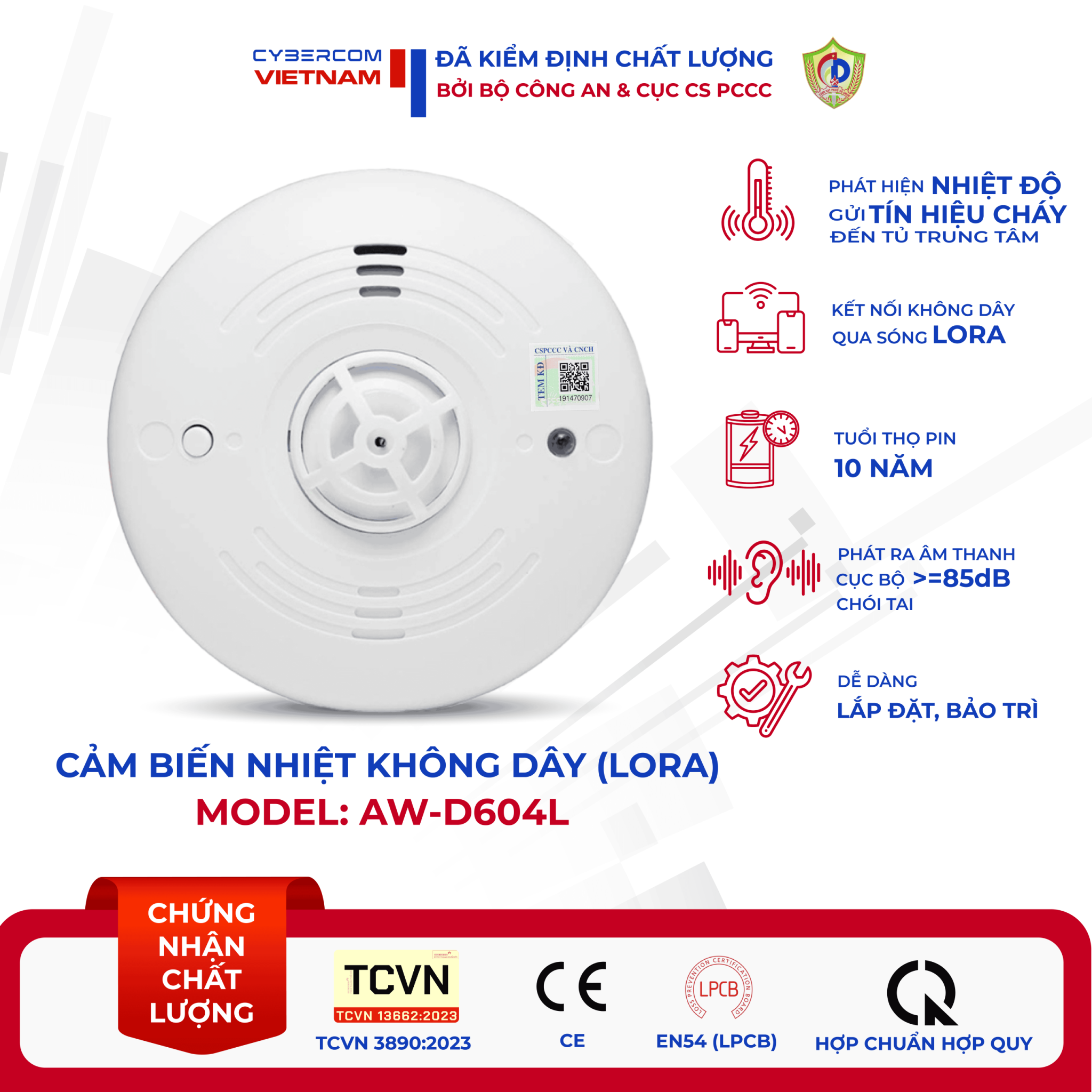 Đầu báo cháy nhiệt không dây LoRa AW-D604L