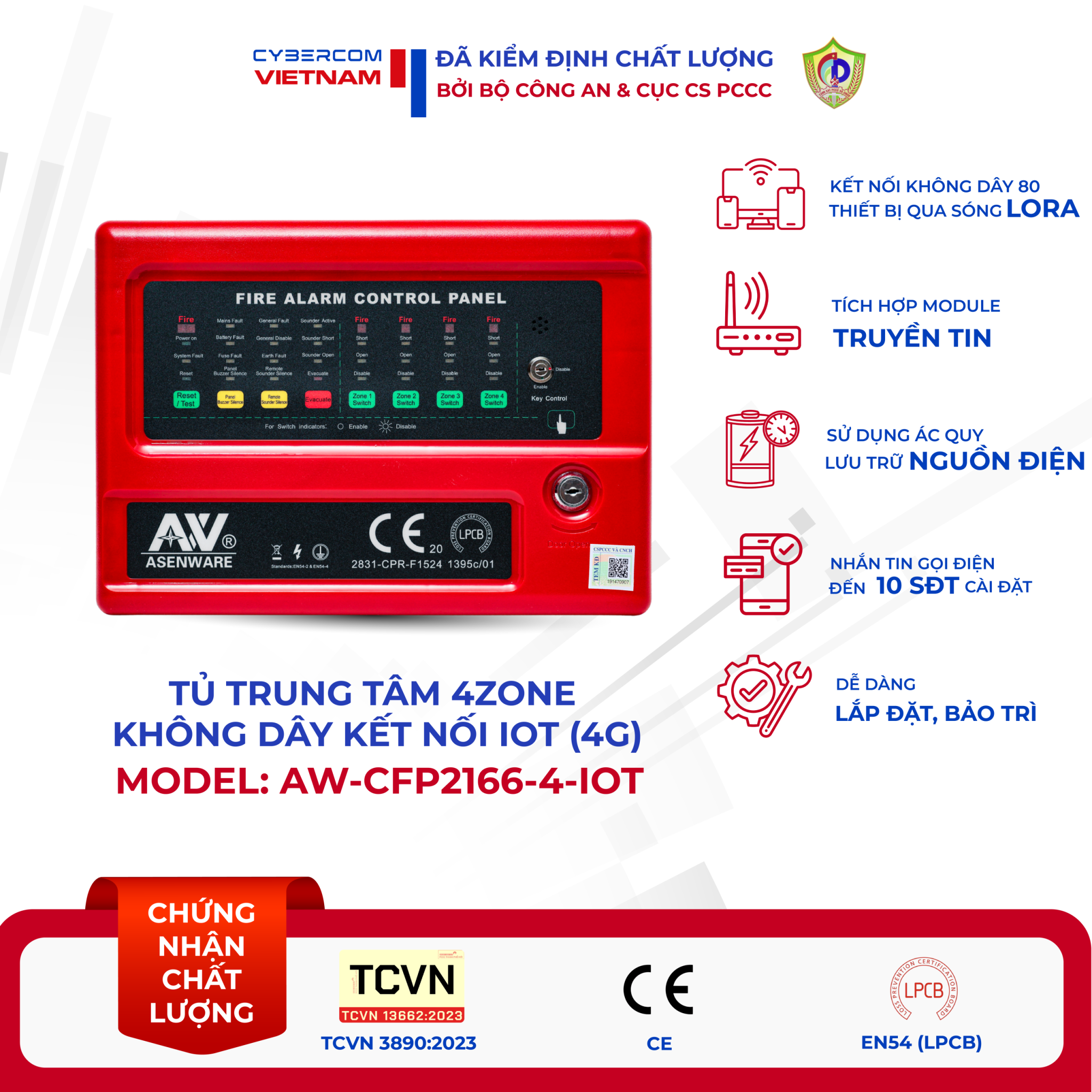 Tủ trung tâm báo cháy không dây 4 Zone kết nối IoT AW-CFP2166-4-IoT