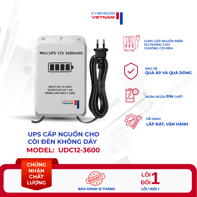 UPS cấp nguồn dự phòng cho còi đèn không dây UDC12-3600