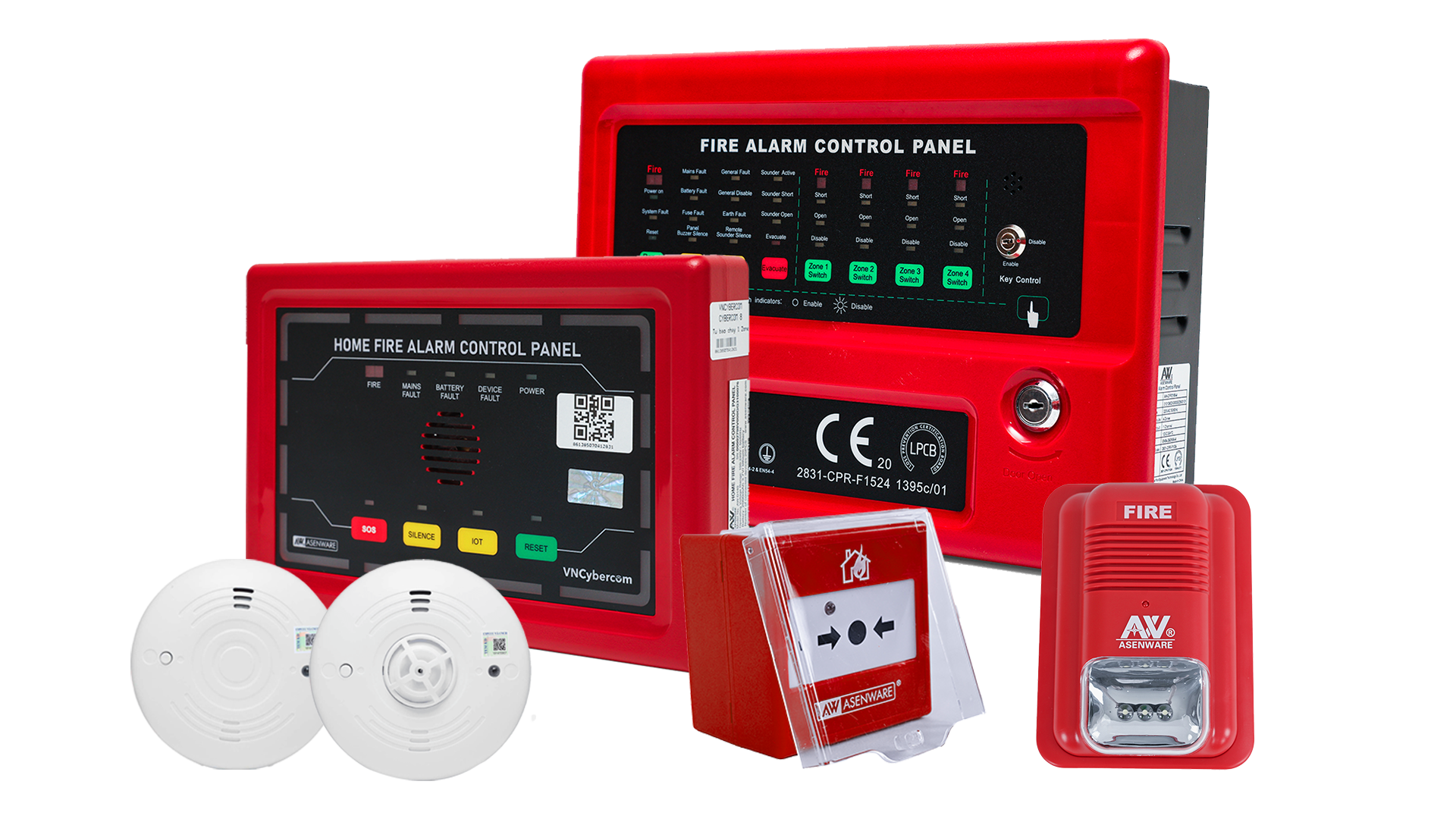 Bộ thiết bị báo cháy không dây VNCyberCom: tủ trung tâm, đầu báo khói, nút nhấn khẩn cấp, còi báo động